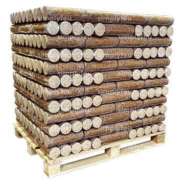 Bûches compressées PREMIUM — palette (96 packs × 5 bûches, ~925 kg)
