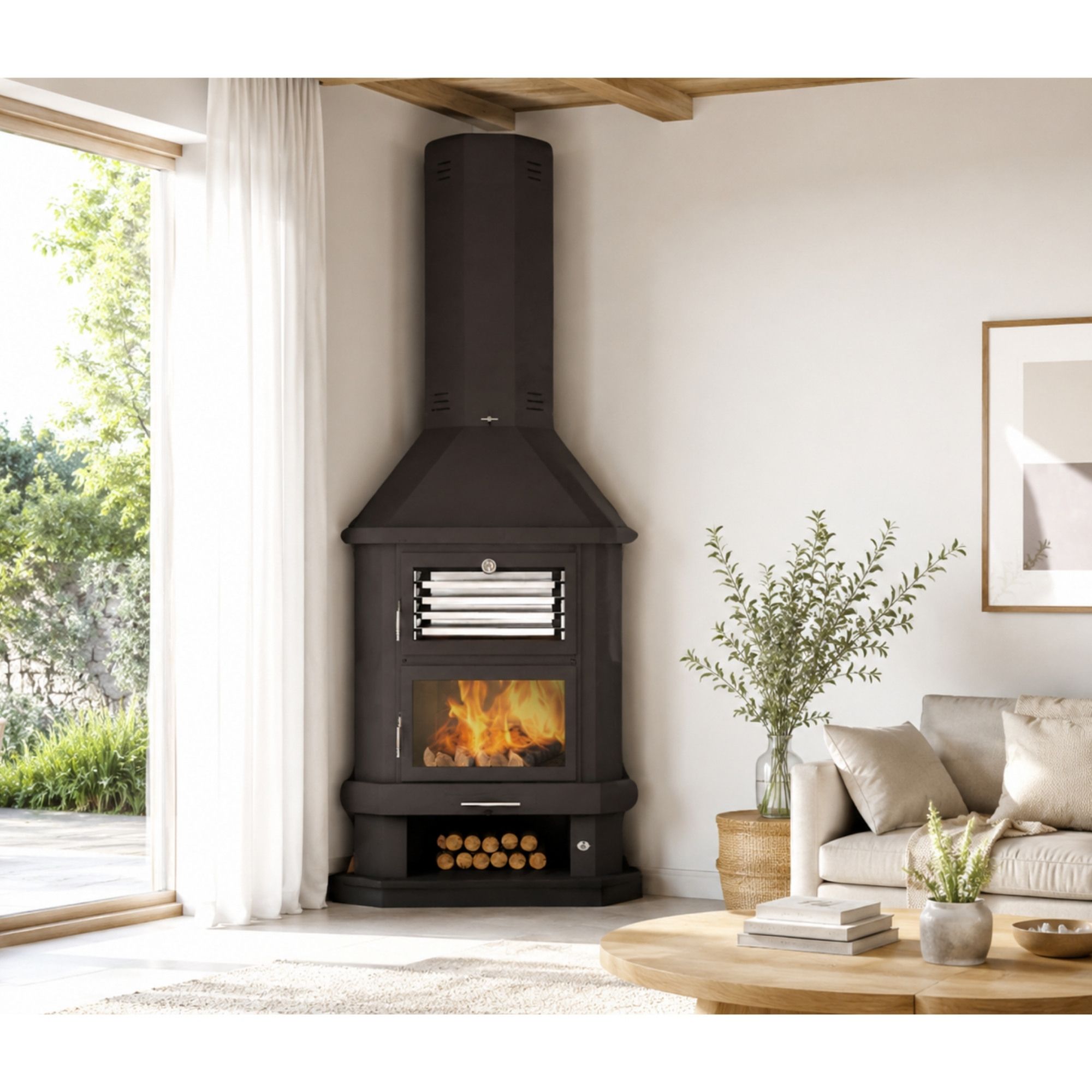 Poêle à bois cheminée d'angle avec four - FIREMATIC Houston 13.8 kW