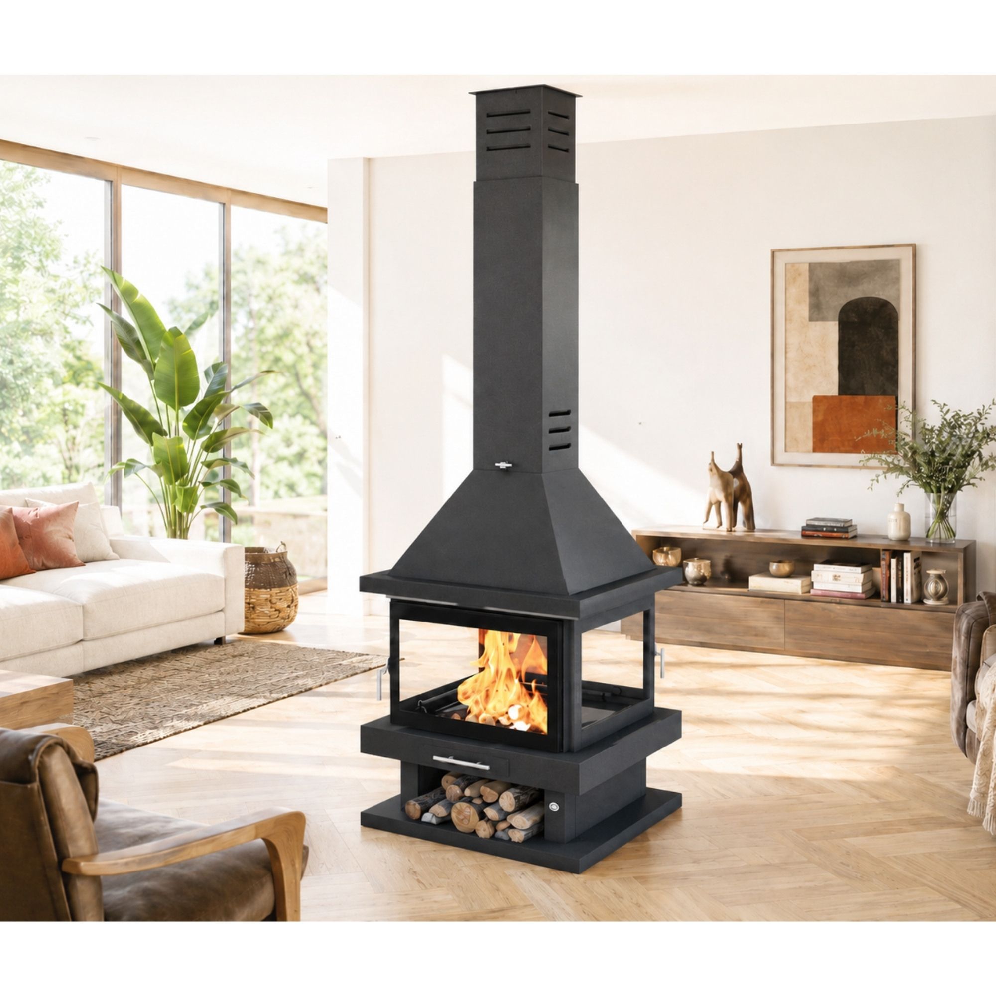 Poêle à bois cheminée centrale 4 vitres - FIREMATIC Oregon 13.8 kW