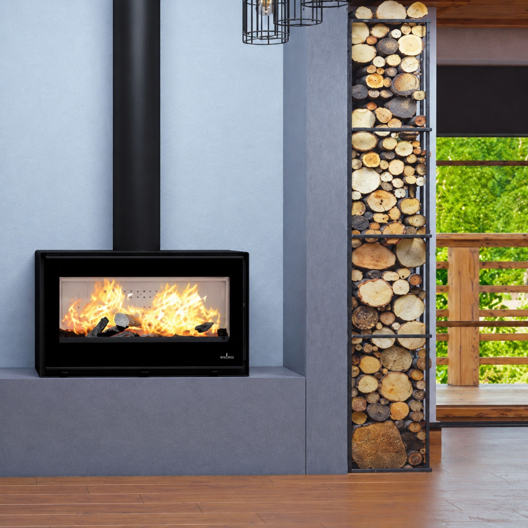 Poêle à bois moderne avec range bûches - BRONPI Cairo 110 Box 15 kW