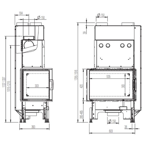 Insert bois Austroflamm Cheminée d'angle 63x40x42K 2.0 | 8 kW porte tournante
