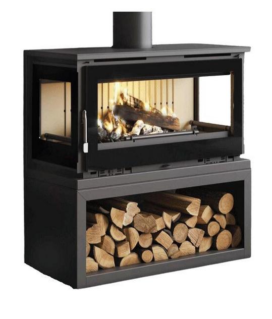 Poêle à bois raccordable 3 vitres avec bûcher - FIREMATIC Calgary - L 13.5 kW